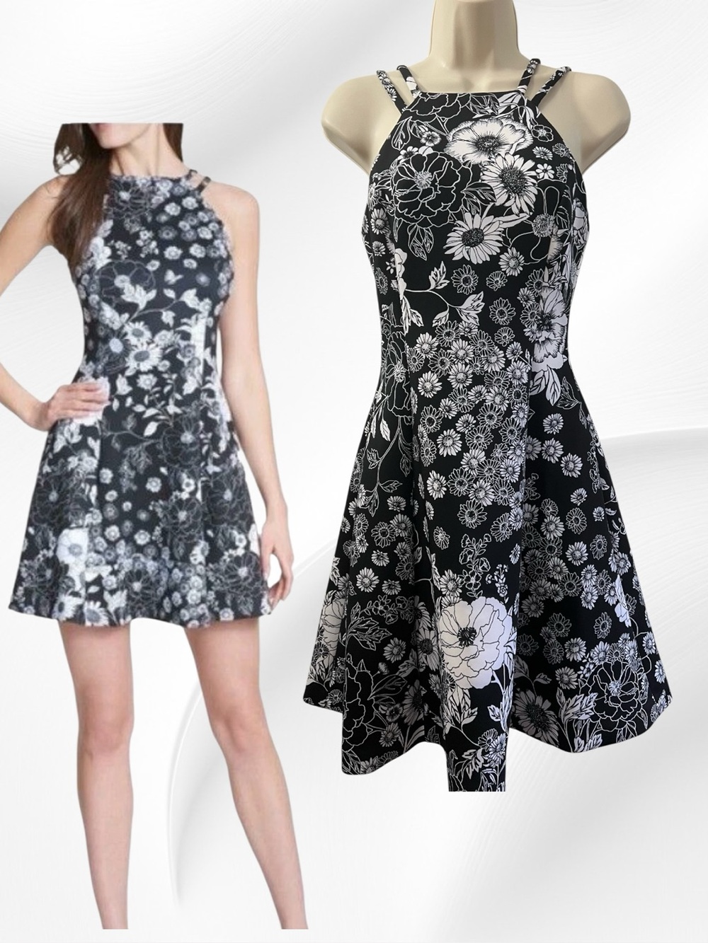 Guess Black & White Floral Fit & Flare Mini Dress Size 2 NWT MSRP $118